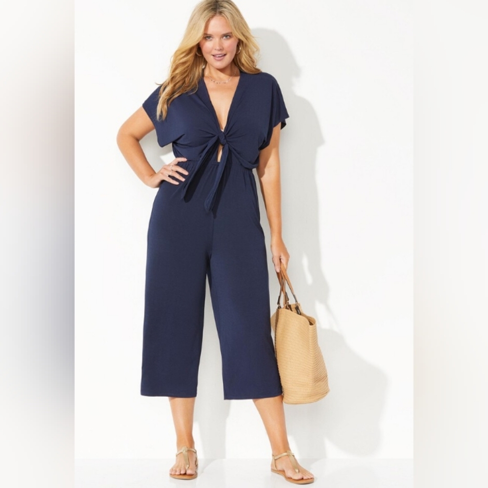 Swimsuits for All NWT Navy Jessie Tie Front Cover Up Onesie Jumpsuit, Size 2
